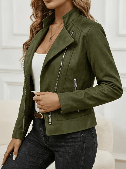 Plus Size Elegant Biker Jacket with Metallic Zipper for Spring/Fall