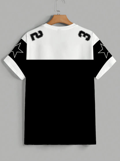 Men'S Summer Casual Crew Neck T-Shirt - Short Sleeve, Print Number 32 Design, White  Black Contrast, Regular Fit Casual Top for Casual Attire, Leisure Clothing   Contrast Color Top   Comfortable Fit
