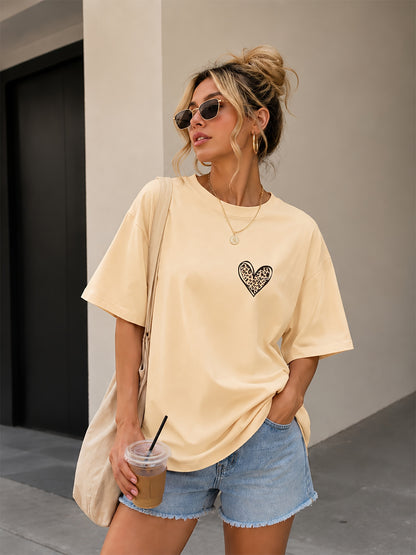 Women’s Loose Crew Neck Cotton T-Shirt with Leopard Heart Print