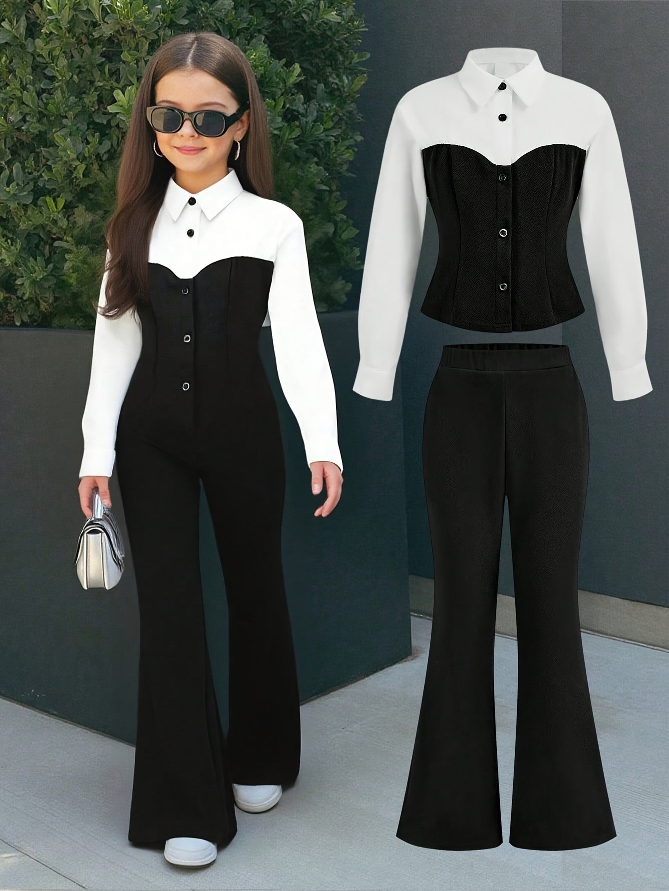 Girls' Casual Black & White Patchwork Long Sleeve Shirt Set