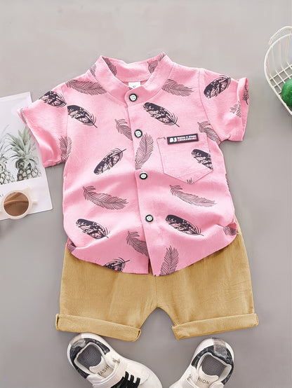 Baby Boys Cotton Feather Print Short Sleeve Shirt & Shorts Set