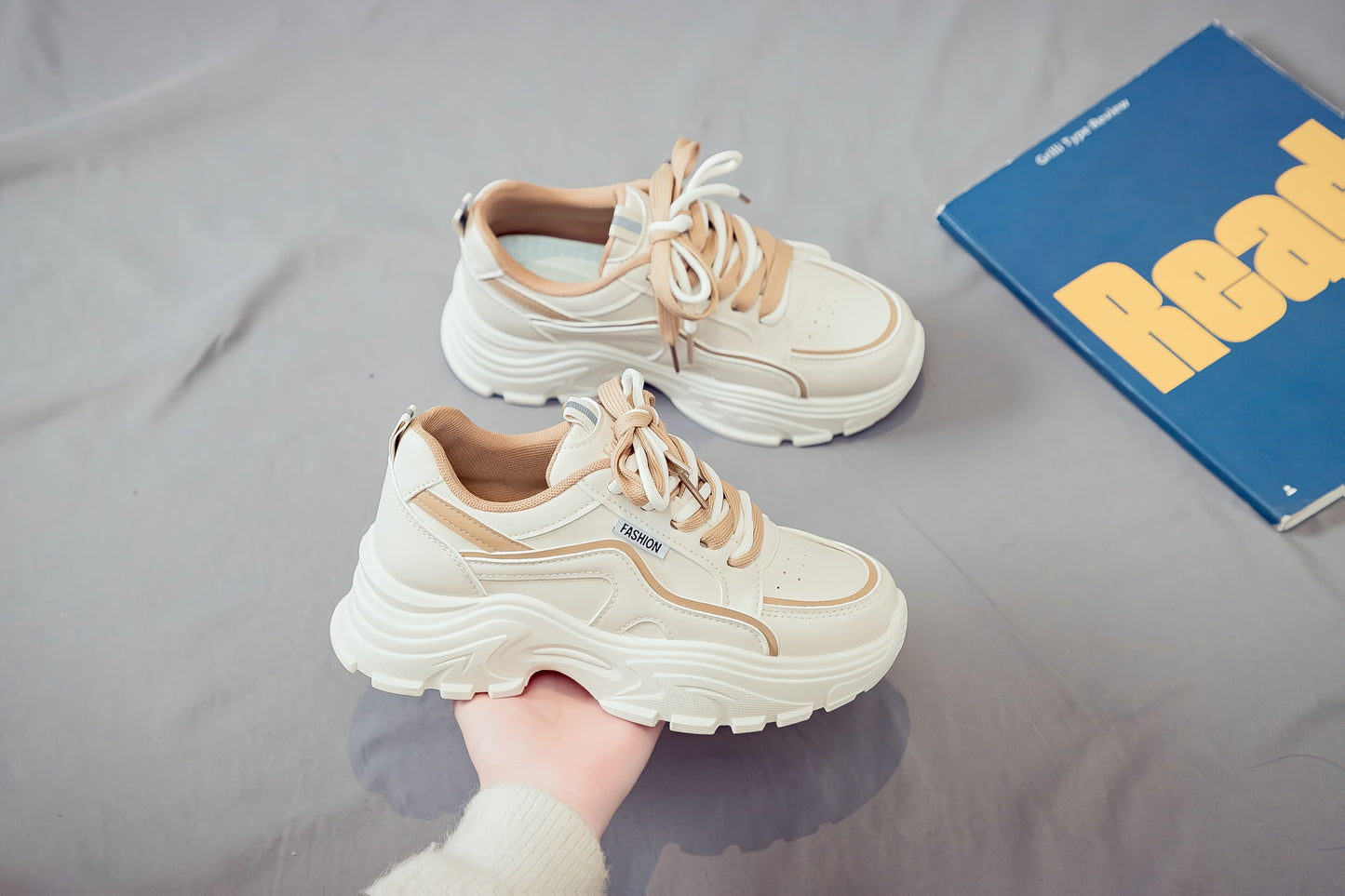 Women's Trendy Chunky Sneakers - Breathable Lace-Up Dad Shoes with Thick PVC Sole, White  Beige Two-Tone Design, Versatile Low-Top Style for Casual Attire