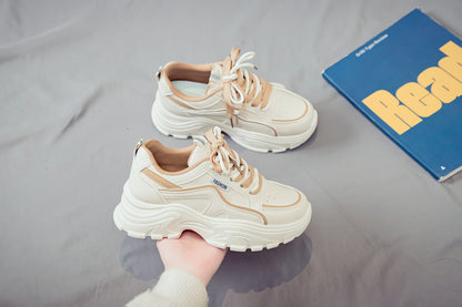 Women's Trendy Chunky Sneakers - Breathable Lace-Up Dad Shoes with Thick PVC Sole, White  Beige Two-Tone Design, Versatile Low-Top Style for Casual Attire