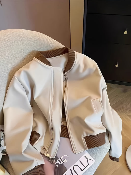 Women's Casual Color-Block Zipper Jacket with Pockets - ayq