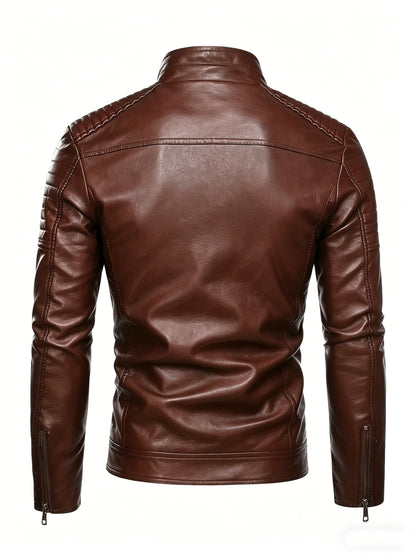 Men's Black Quilted Faux Leather Biker Jacket with Stand Collar