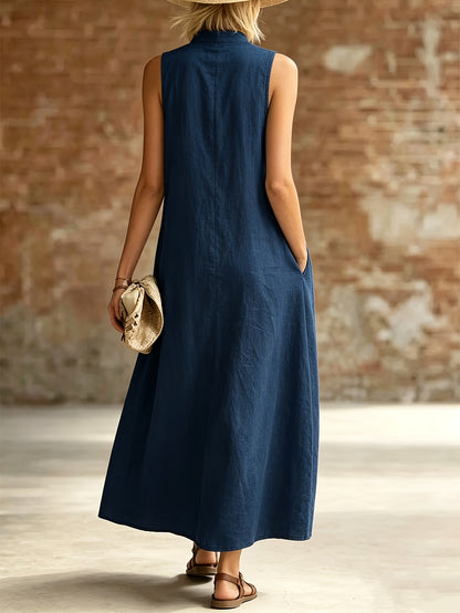 Women’s Sleeveless Stand Collar Cotton Dress for Summer