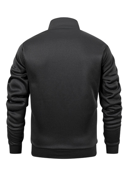 Men's Stand Collar Zip-Up Solid Color Fleece Jacket Long Sleeve Casual Sport Hoodless Coat with Large Side Pockets, Suitable for Daily Wear, Outdoor Activities, Hiking