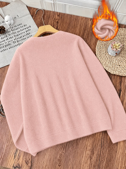 Women's Plush Long Sleeve Crew Neck Sweater - Casual Warm Pullover