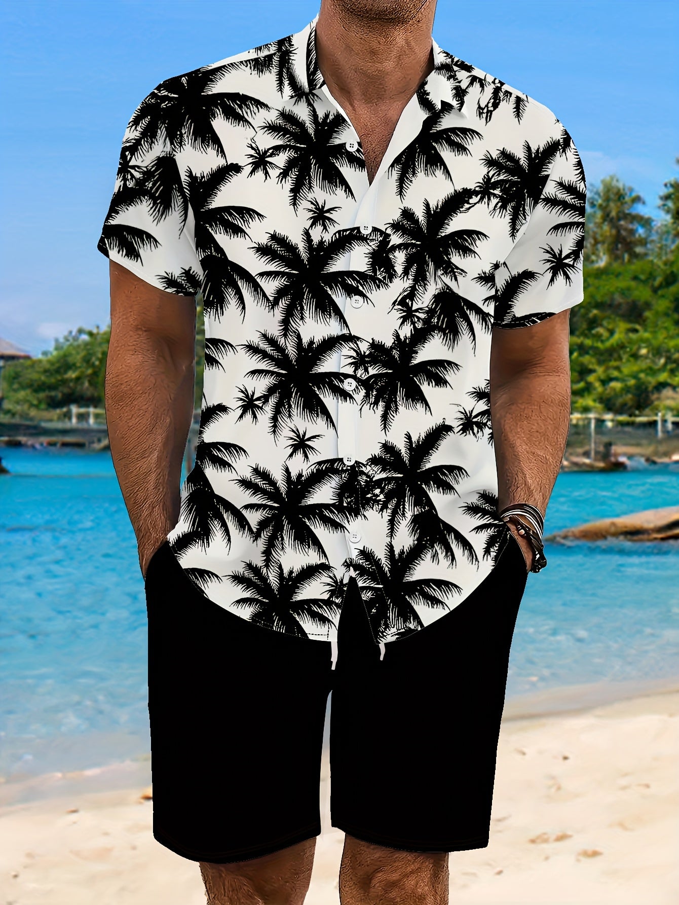 Men's Casual Summer Shirt Set, Black Palm Tree Pattern 3D Print, Loose Collar Short Sleeve Shirt and Drawstring Shorts 2pcs Set