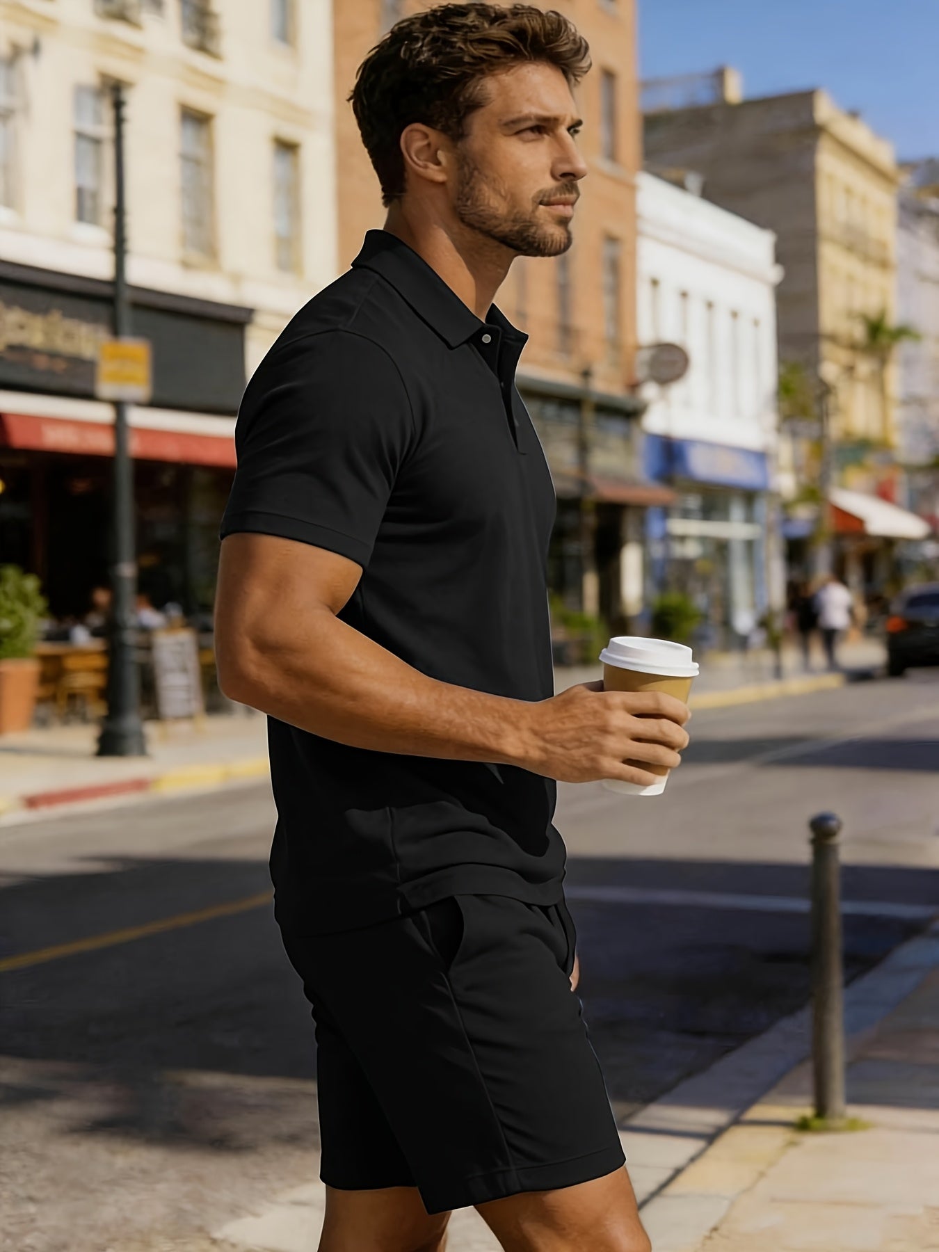 Men’s Summer Casual Golf Shirt and Solid Waist Shorts Set