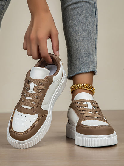 Women's Plus Size Lightweight Casual Sneakers - Thick Sole Slip-Resistant EVA Sole, Breathable Mesh Lining, Round Toe Lace-Up Design, All-Season Comfort, Two-Tone Color Options (White/Brown)