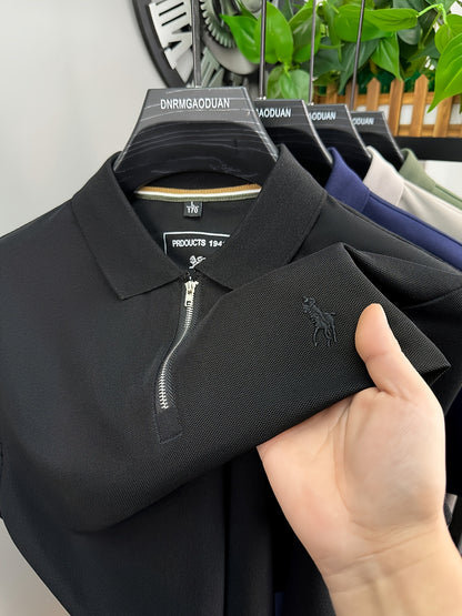 New Stylish Short-Sleeve Polo Shirt with a Zipper, a Breathable Business Fashion Tee, Featuring High-End Embroidery on The Sleeves And an Exquisite Design on The Back - ayq