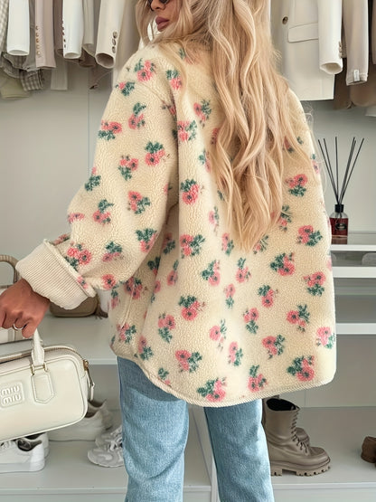 Women's Floral Print V-Neck Button-Front Coat with Pockets - Oversized H-Line Silhouette, Machine Washable Winter Jacket in Pink & Green, Casual to Semi-Formal Outerwear for Fall/Winter