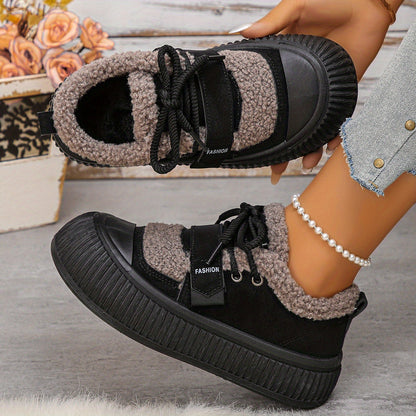 Women's Winter Plush Fleece-Lined Thermal Shoes - Upper & Rubber Sole Low-Top Ankle Boots with Faux Fur Collar, Brown/Beige/ Traction Tread for Cold Weather, Casual & Semi-Formal Outfits - Cozy Warm Winter Boots with Fleece L