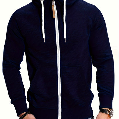 Men'S Navy Blue Hooded Zip-Up Sweatshirt - Casual Long Sleeve Pullover with Front Pockets, Soft Polyester Fabric, Perfect for Fall/Winter, Everyday Comfort Apparel|Hooded Sweatshirt|Zippered Hoodie