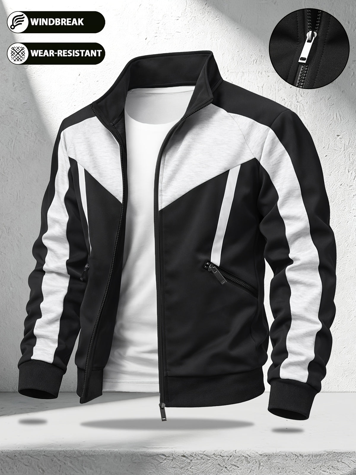 Men's Color-Block Zip-Up Casual Sports Jacket with Pockets