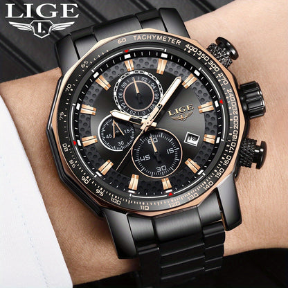 LIGE Watches Fashion Junior Men's Sports Multifunctional Quartz Watch, IP68 Waterproof Watch, Stainless Steel Band, Precision Chronograph, Stopwatch Date Function, Casual Elegant Vintage Style New Watch, Holiday Gifts - ayq