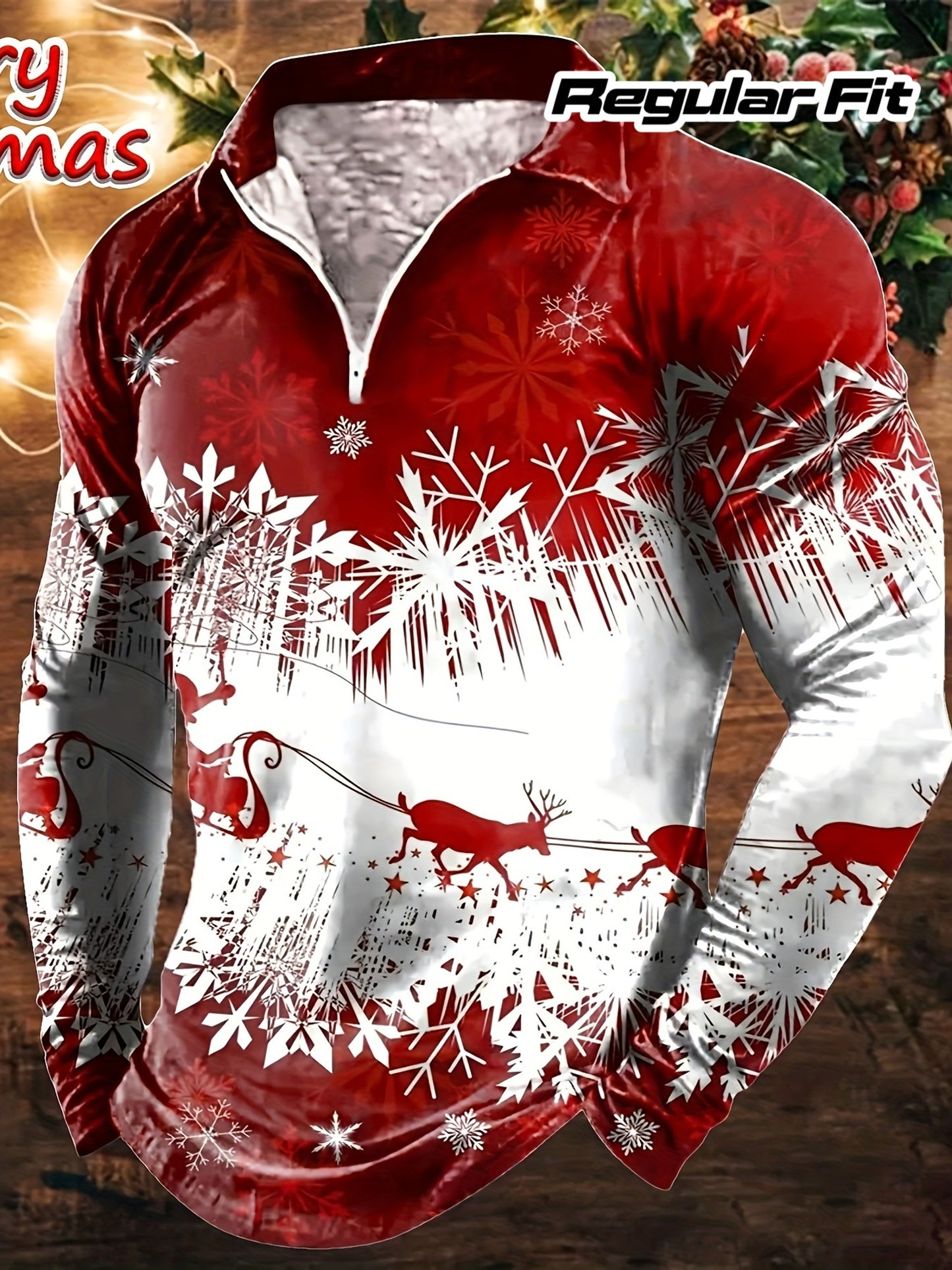 Men's Long Sleeve Christmas Themed Shirt with Zipper, 100% Polyester Knit Fabric, Regular Fit Party Style Collar Top for Spring/Fall