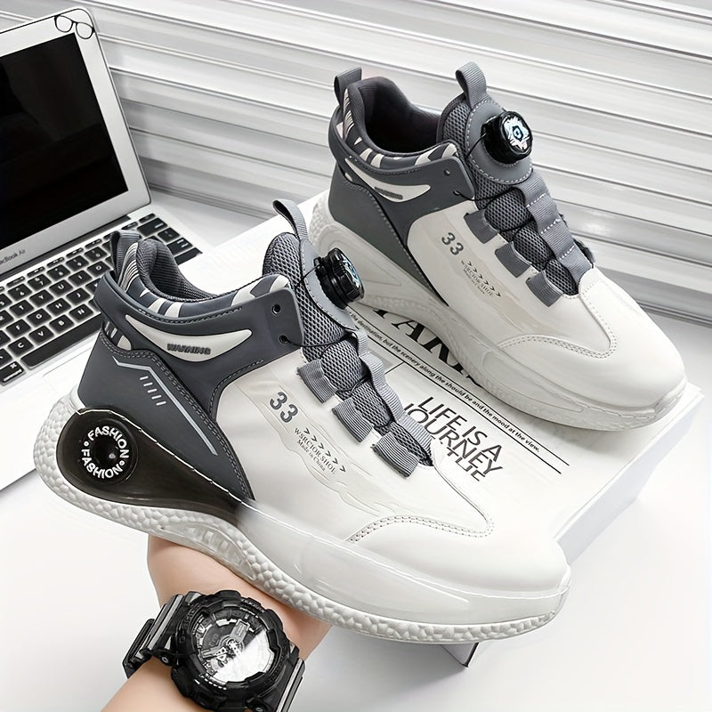 [Athletic Performance] Men's Breathable Casual Sneakers - Stylish Loafers with Rotating Buckle, Navy Blue  White Design, Comfortable PU Upper  PVC Sole for Casual Attire, Running, and Outdoor Activities
