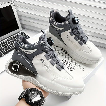 [Athletic Performance] Men's Breathable Casual Sneakers - Stylish Loafers with Rotating Buckle, Navy Blue  White Design, Comfortable PU Upper  PVC Sole for Casual Attire, Running, and Outdoor Activities