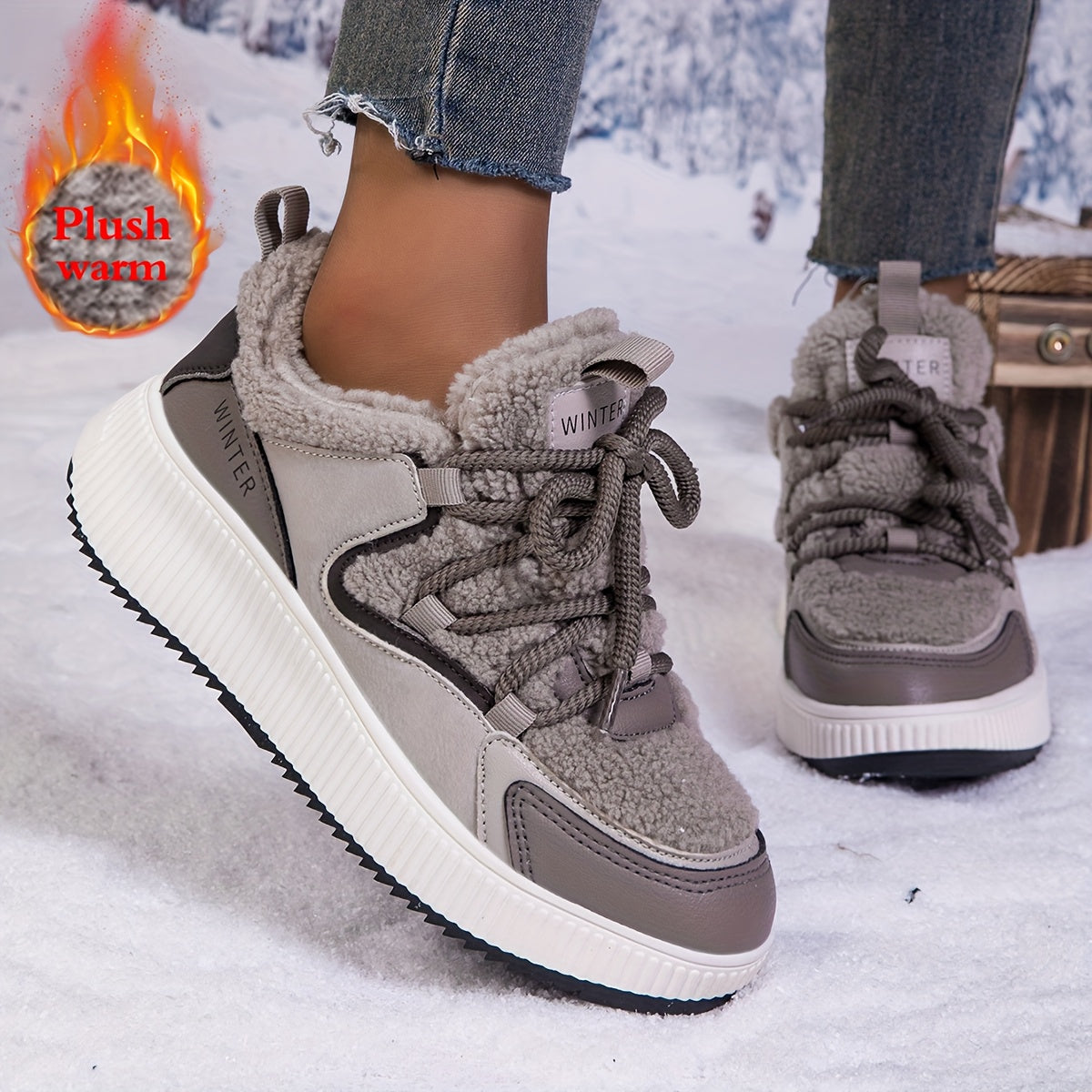 Women'S Cozy Fleece-Lined Low-Top Ankle Boots - Warm, Stylish, and Comfortable for All Seasons, Casual Lace-Up Design with Thick Rubber Sole, Beige, Casual Footwear | Stylish Ankle Boots | Plush Lined Interior