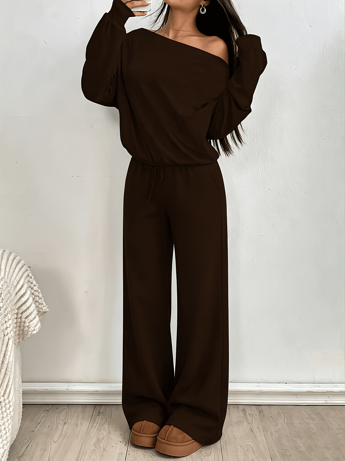 Women’s Off-Shoulder Long Sleeve Crop Top & Wide-Leg Pants Set