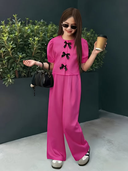 Girls' Casual Puff Sleeve Top & Pants Set for Spring Summer