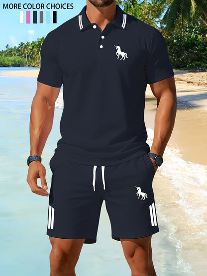 Men's Outdoor Fitness Polo Set with Lapel Collar and Shorts