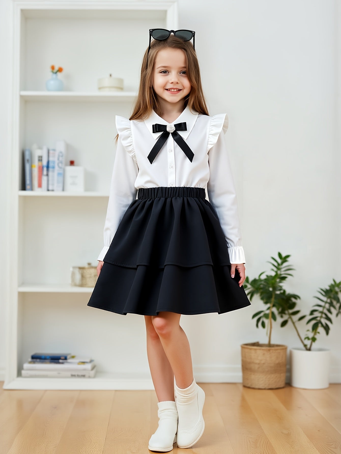 Girls' White Ruffle Sleeve Top & Black Layered Midi Skirt