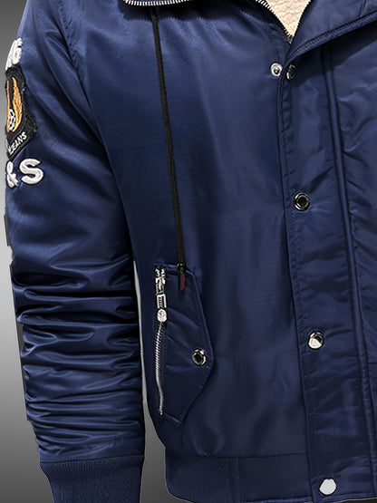 Men'S Heavyweight Winter Jacket with Detachable Hood & 3D Lettering - Full-Zip Windproof Coat, Multi-Pocket Design, Machine Washable