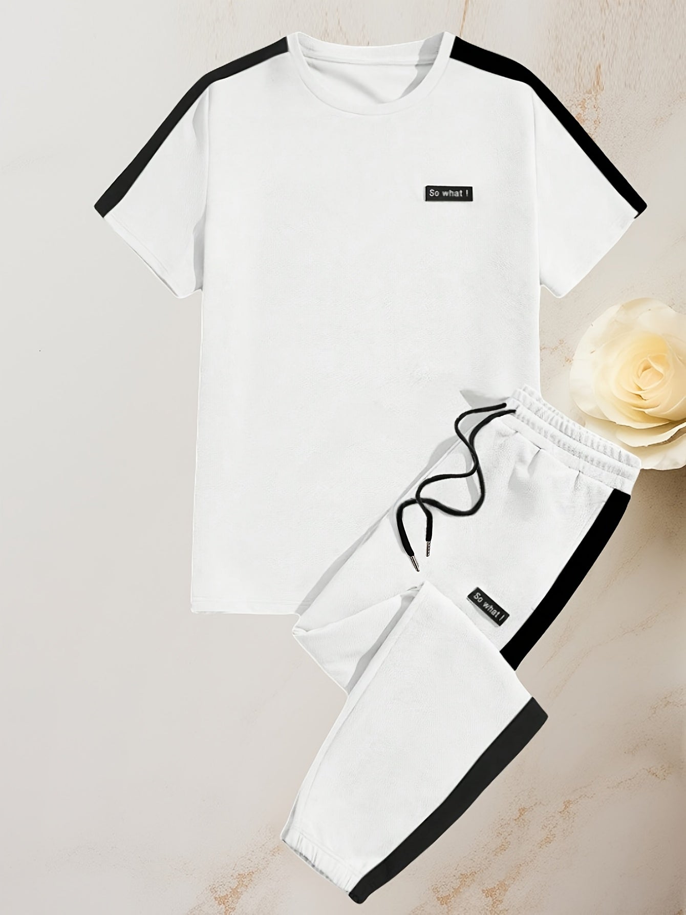 Men's Summer Casual Sportswear Set: Round Neck T-Shirt and Drawstring Pants, Fashionable Spliced Jacquard Breathable Quick-Dry Top and Bottom Outfit