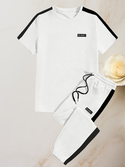 Men's Summer Casual Sportswear Set: Round Neck T-Shirt and Drawstring Pants, Fashionable Spliced Jacquard Breathable Quick-Dry Top and Bottom Outfit