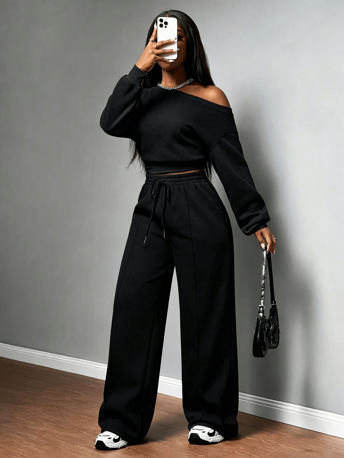 Women's Casual Off-Shoulder Sweatshirt & Wide-Leg Pants Set - ayq