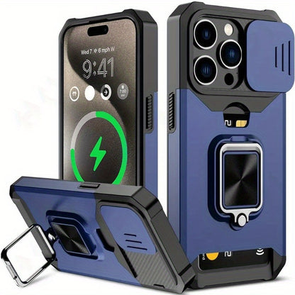 Retro PVC Phone Case with Sliding Camera Slot and Ring Stand