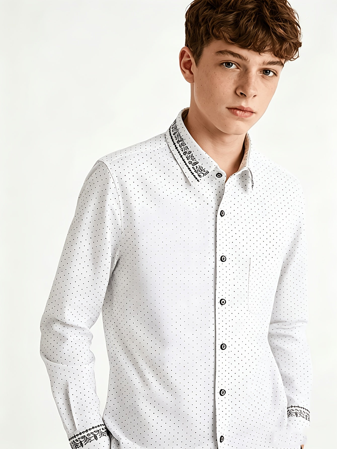 Teen Boys' White Blue Alphabet Print Casual Long Sleeve Shirt