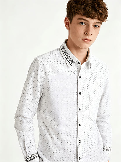Teen Boys' White Blue Alphabet Print Casual Long Sleeve Shirt