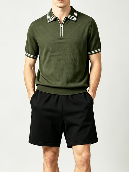 Men's Casual Striped Knit Polo & Lightweight Shorts Set