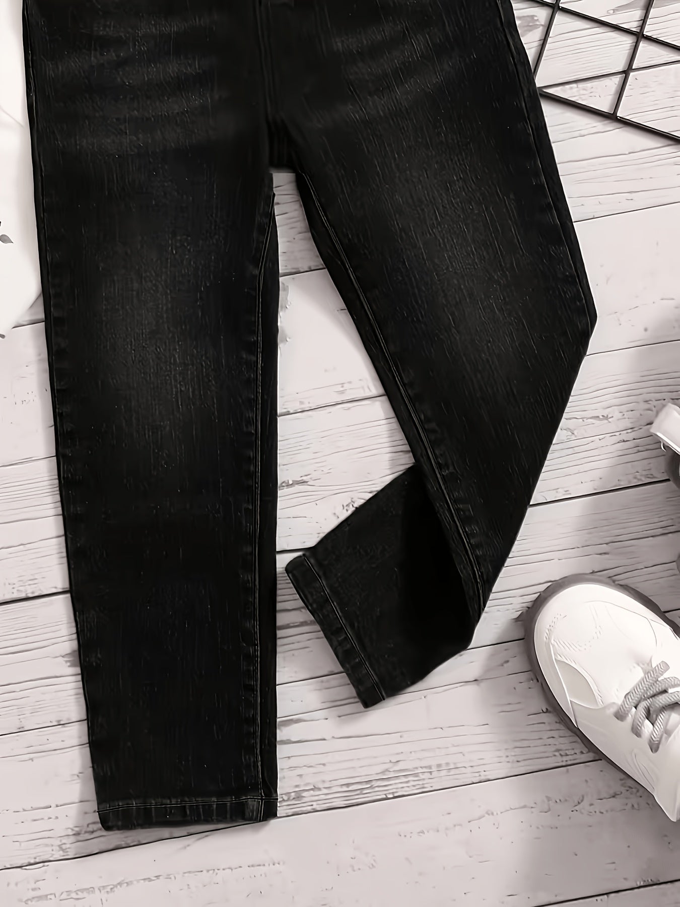 Boys' Black Denim Casual Pants with Large Pockets, All-Season