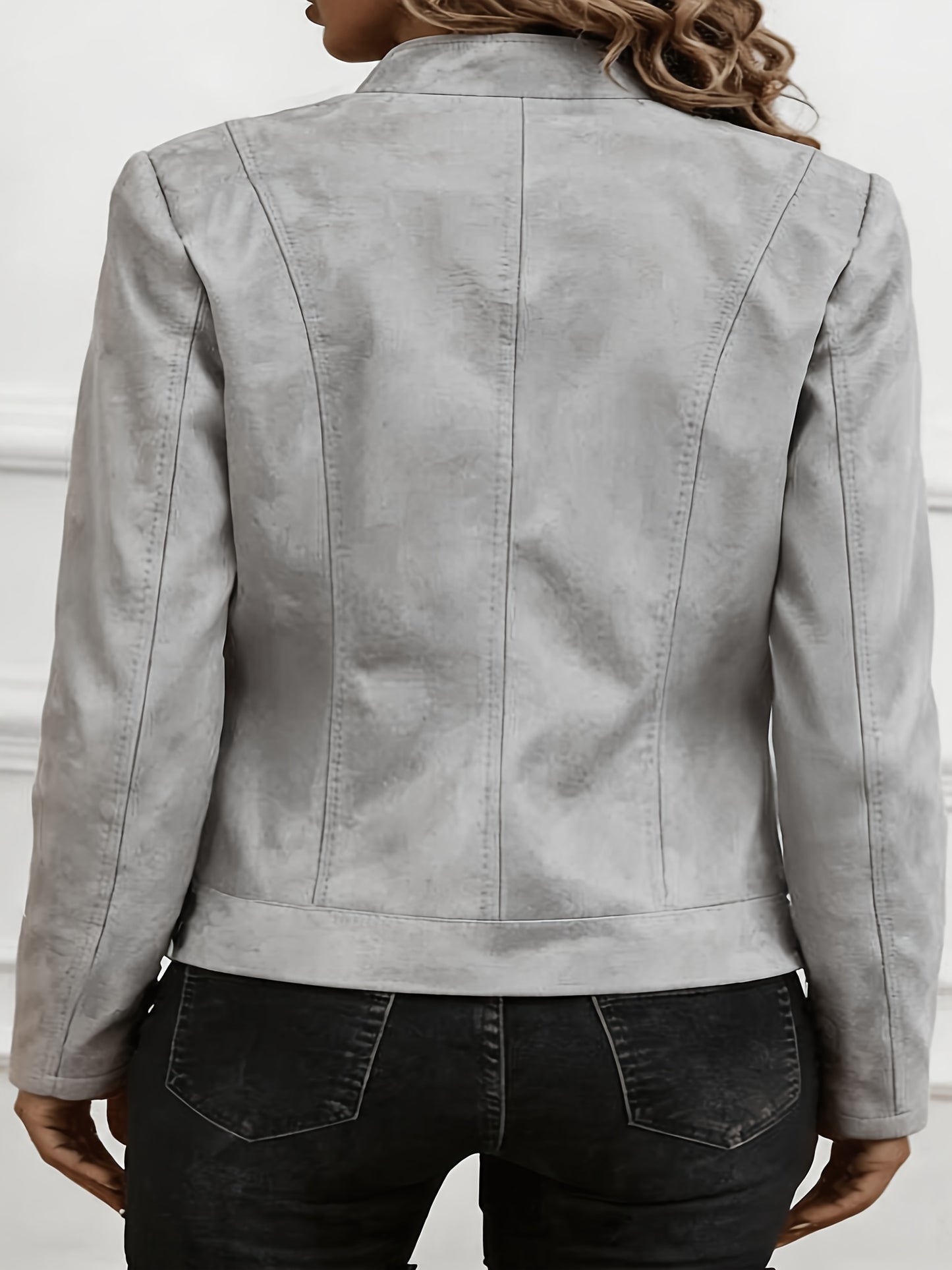 Plus Size Elegant Biker Jacket with Metallic Zipper for Spring/Fall