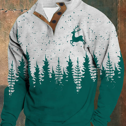 Men'S Plus Size Long Sleeve Henley Shirt with Forest & Deer Application, 100% Polyester Knit Fabric, Regular Fit Sporty & Party Top with Collared Neck and Slight Stretch - Printed Design