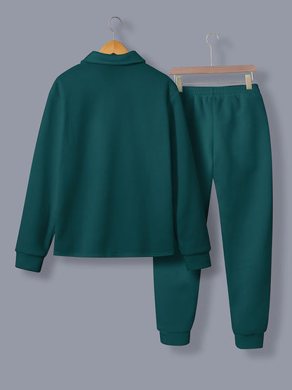 1set Men'S Casual Solid Color Polyester Outfit - Long Sleeve Button-Down Lapel Collar Jacket with Pockets and Drawstring Long Pants Set for Fall/Winter