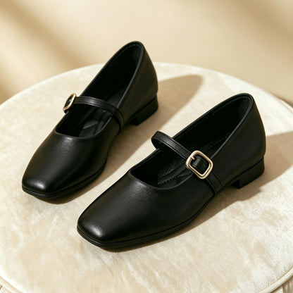 Women's Black Square-Toe Mary Jane Flats with Buckle, Comfortable All-