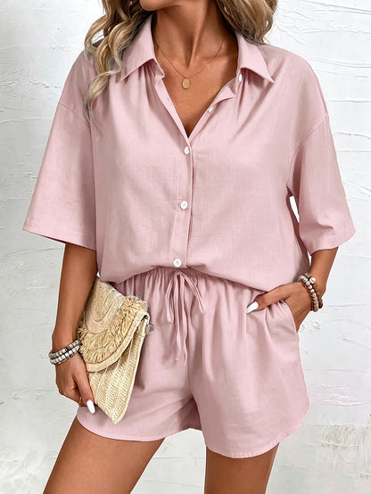 Women's Solid Casual Short Sleeve Shirt & Shorts Set - Spring/Summer