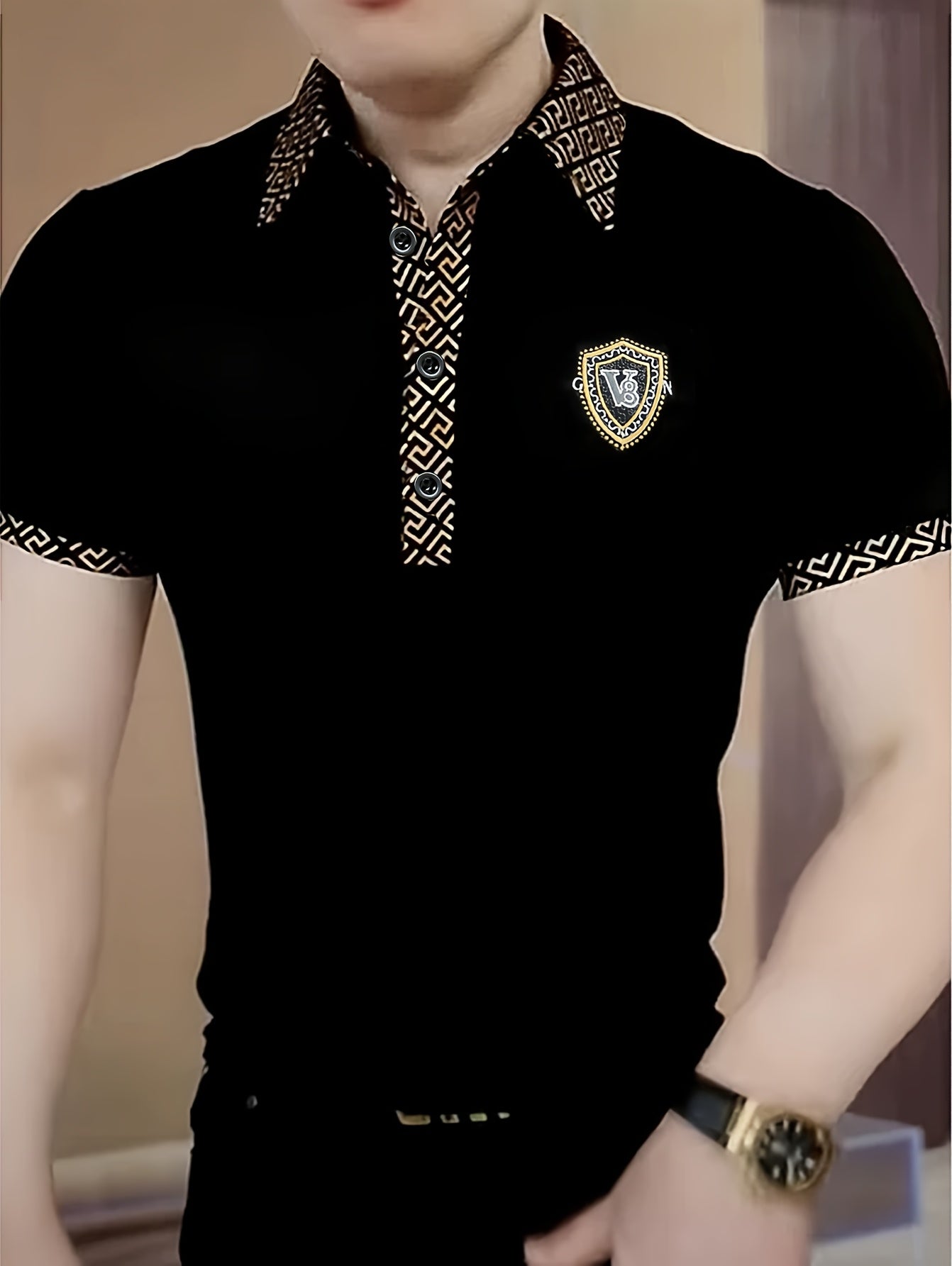 Men's Fashion Short Sleeve Shirt, Summer Trendy Casual High-End Business Collared T-Shirt, Versatile Light Luxury Embroidered Stretch Top, In Stock - ayq