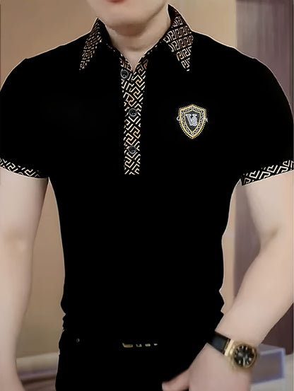 Men's Fashion Short Sleeve Shirt, Summer Trendy Casual High-End Business Collared T-Shirt, Versatile Light Luxury Embroidered Stretch Top, In Stock - ayq