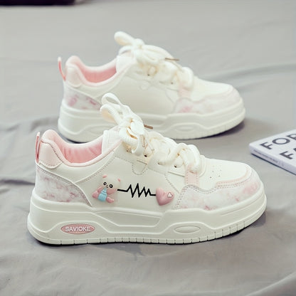 Women's White Mid-Top Sneakers with Bear  Heart Stripes Design - PU Cover  Upper, Thick Cushioned PVC Sole - Trendy Casual Shoes for All-Season Comfort