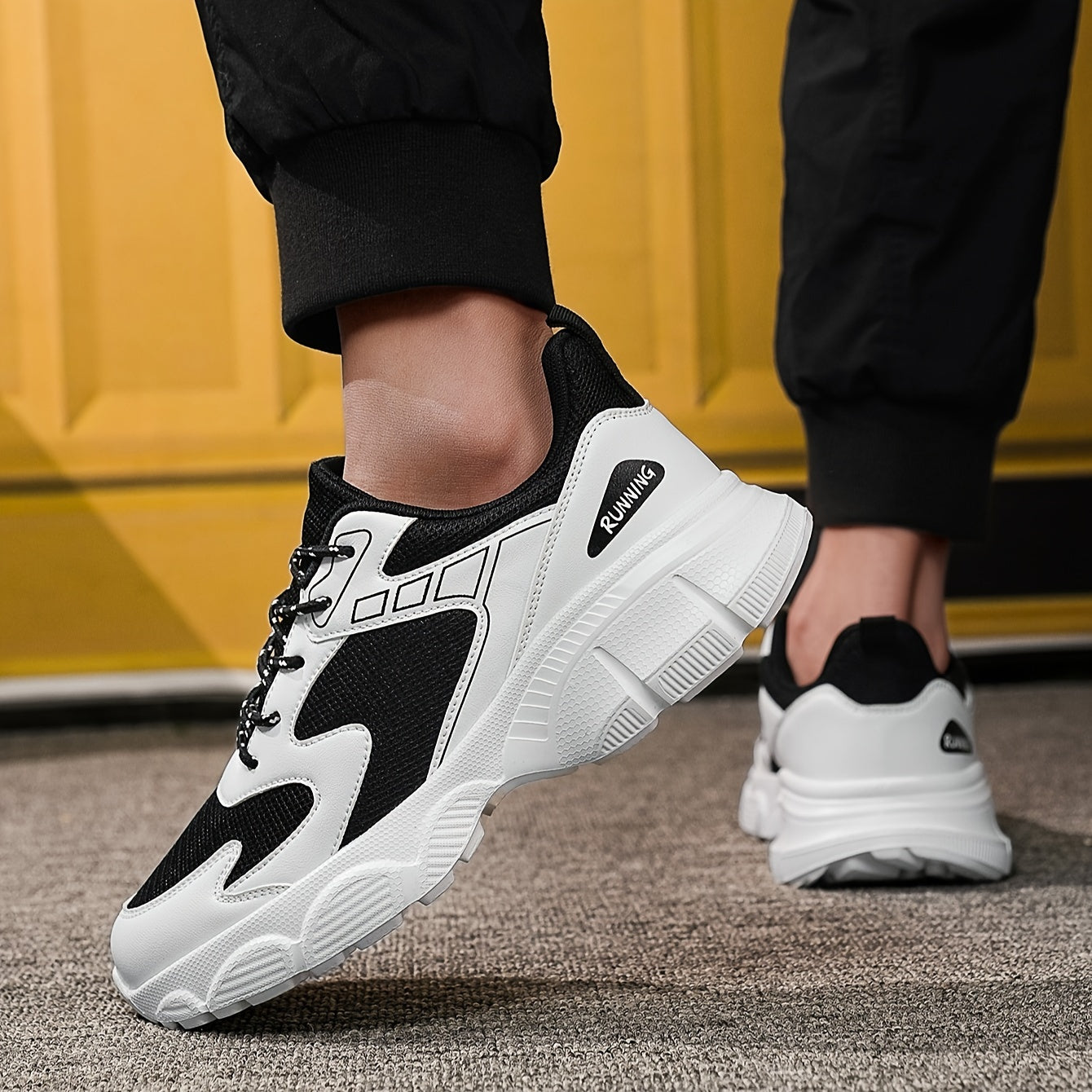 Men's Fashionable Black and White Sneakers - Retro Sports Shoes, Comfortable Outdoor Footwear