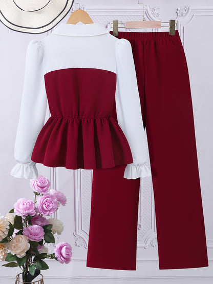 ' Fashionable Autumn Elegant Lapel Bow-Decorated Long-Sleeved Shirt And Straight Wide-Leg Trousers Two-Piece Set, for Outdoor