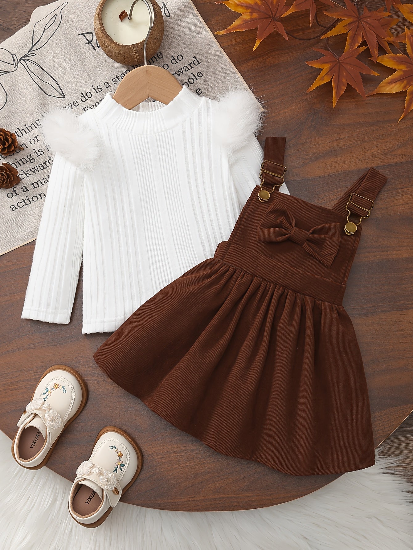 2pcs Baby Winter Outfit Set: Cozy Fluffy Sleeve Smock Dress & A-Line Bow with Collar & Fringe Trim - Soft Warm Clothes for Photoshoots, Christmas (Hand Washable), Perfect for Outdoor