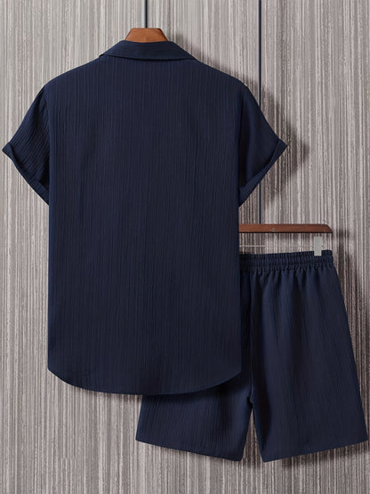 Men's Casual Loose Fit Solid Button-Up Shirt and Shorts Set